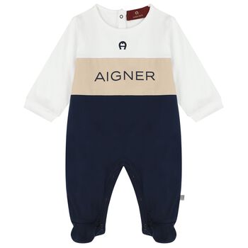 Baby Boys White, Beige & Navy Blue Logo Babygrow