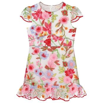 Girls Pink & Red Embroidered Floral Dress 