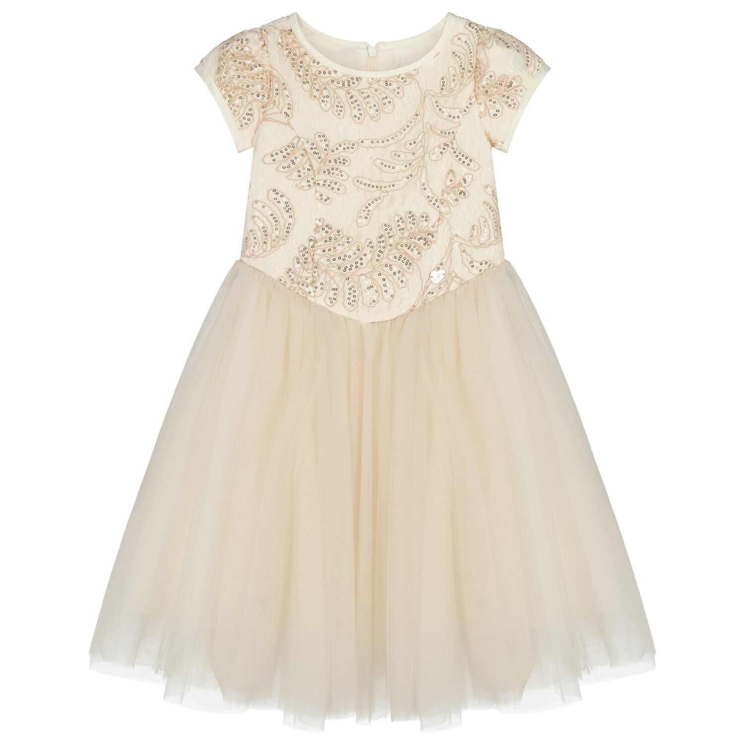 Girls Beige & Gold Tulle Dress, 1, hi-res