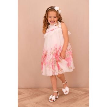 Girls White & Pink Floral Tulle Dress