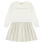 Girls Ivory & Gold Pleated Dress, 1, hi-res