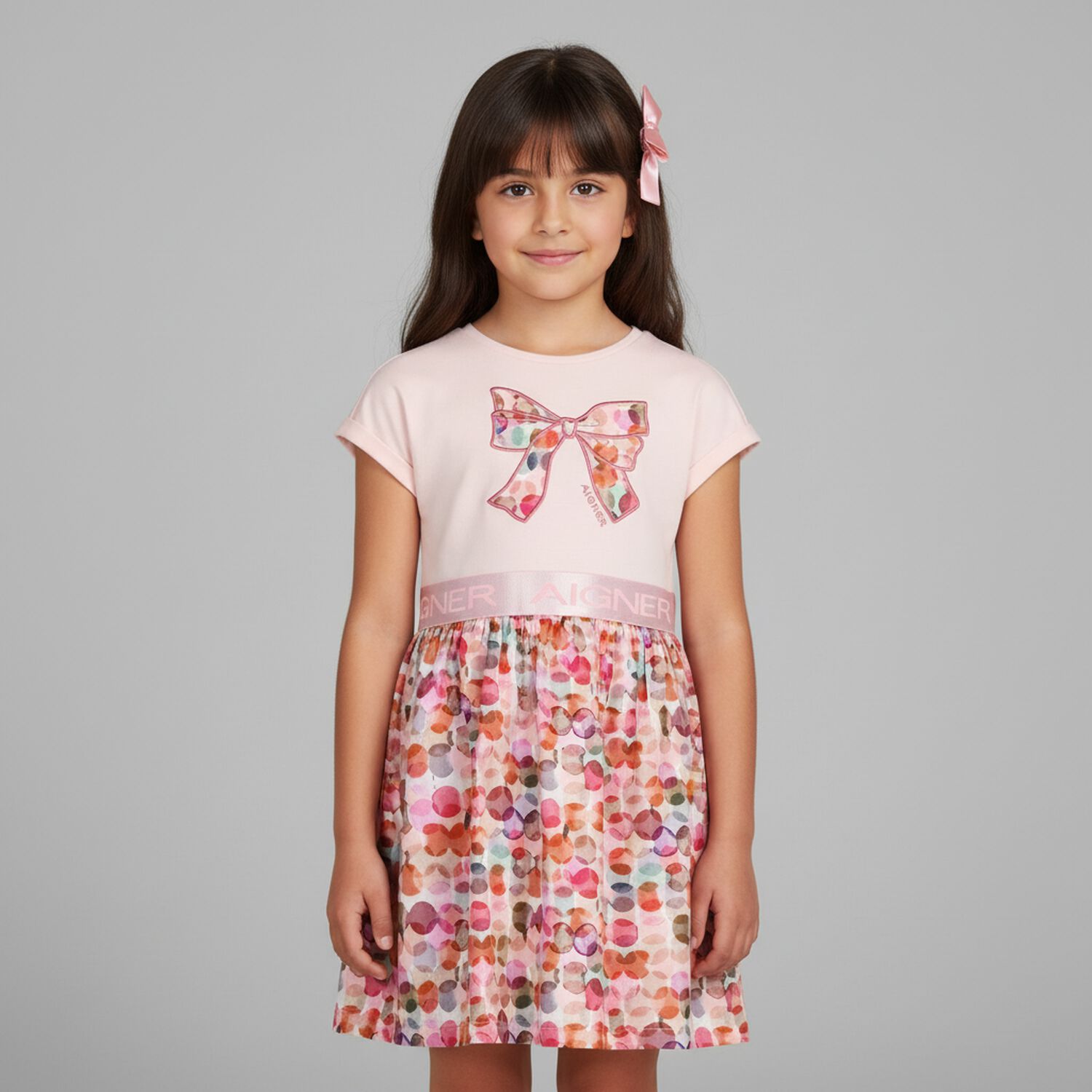 Girls Pink Ribbon Dress, 2, hi-res