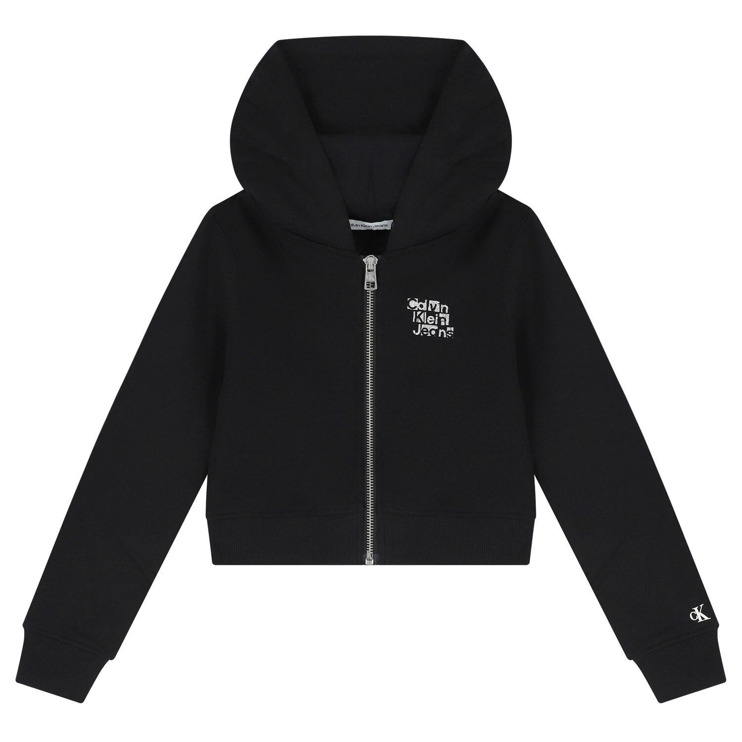 Girls Black Logo Hooded Zip Up Top, 1, hi-res