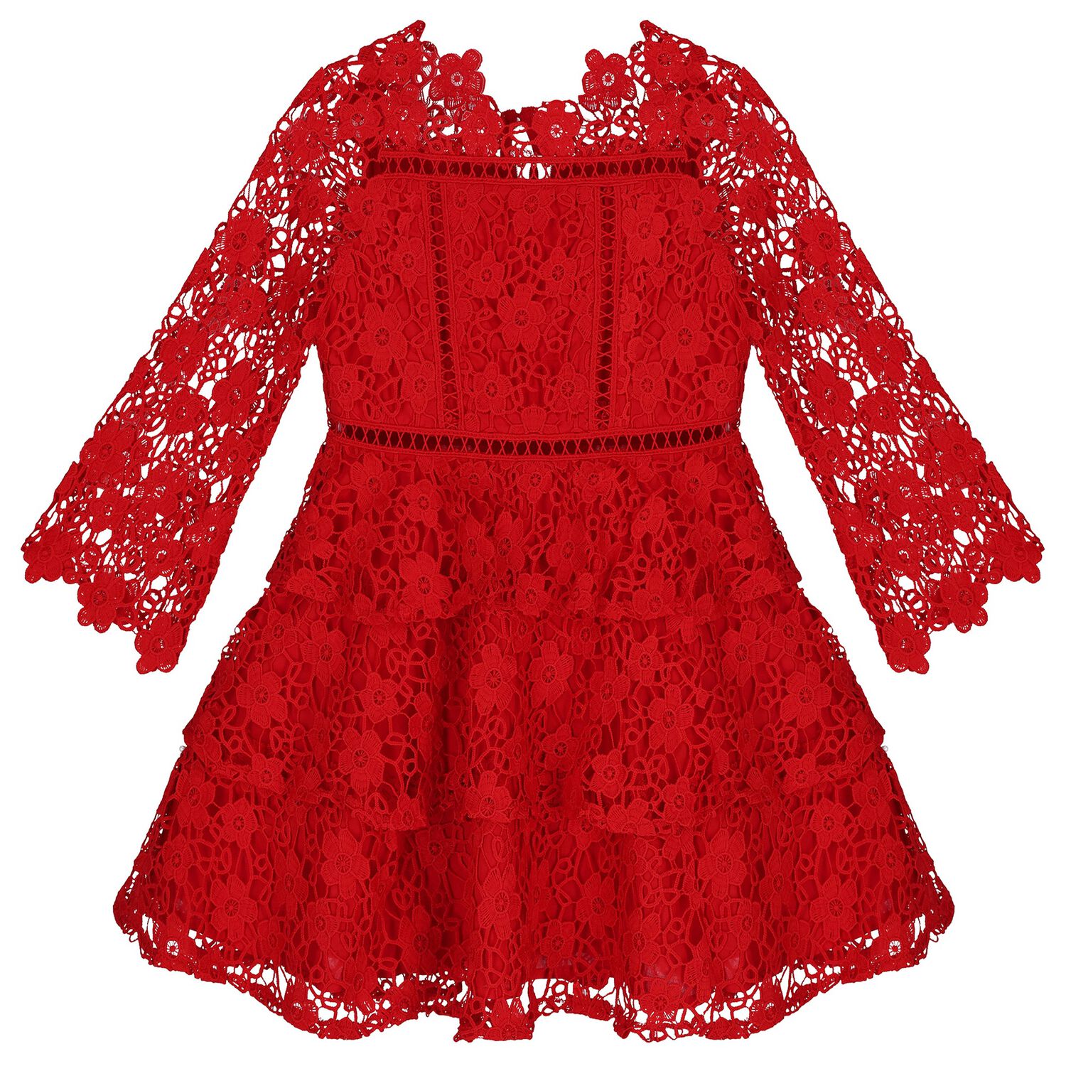 Girls Red Foral Lace Dress , 1, hi-res