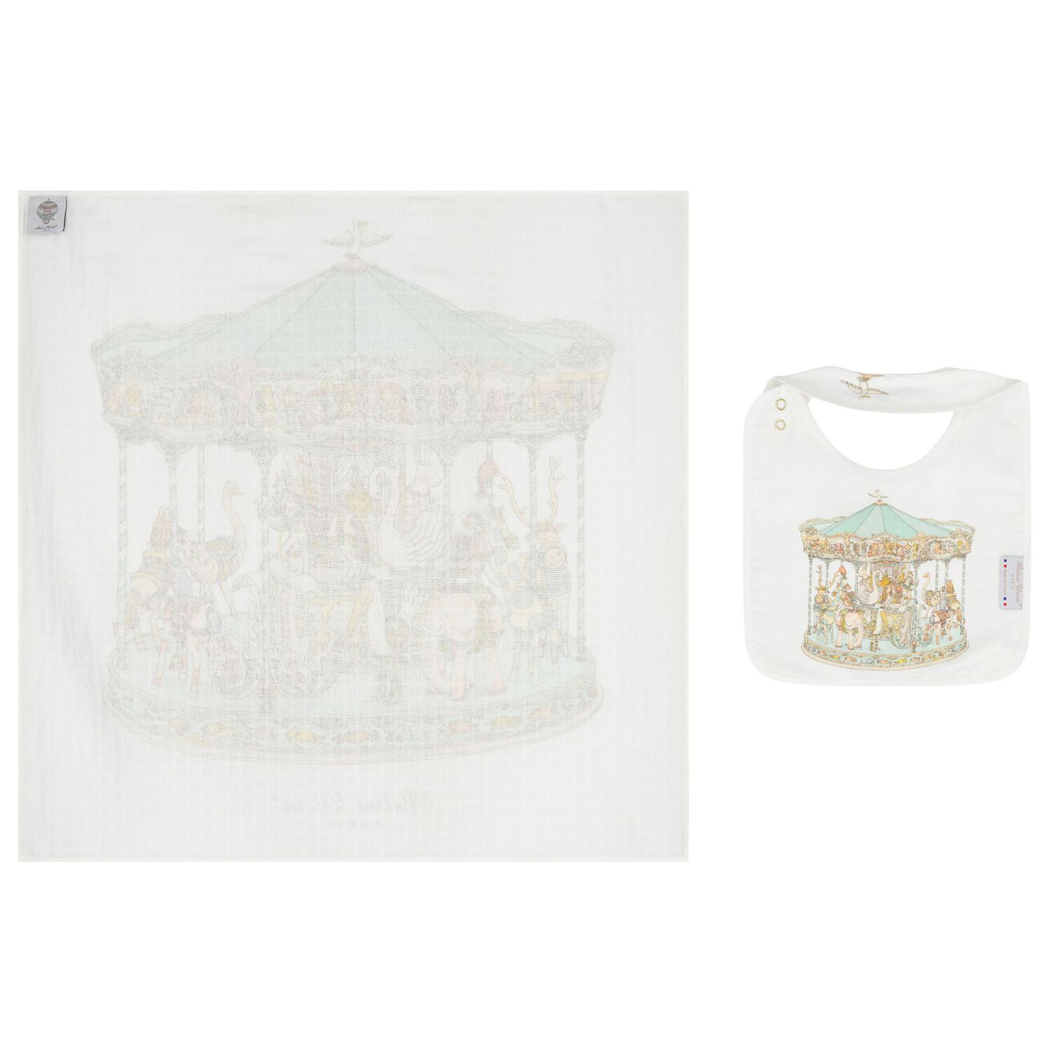 Ivory & Green Carousel Carr&eacute; Swaddle & Bib Gift Set, 1, hi-res