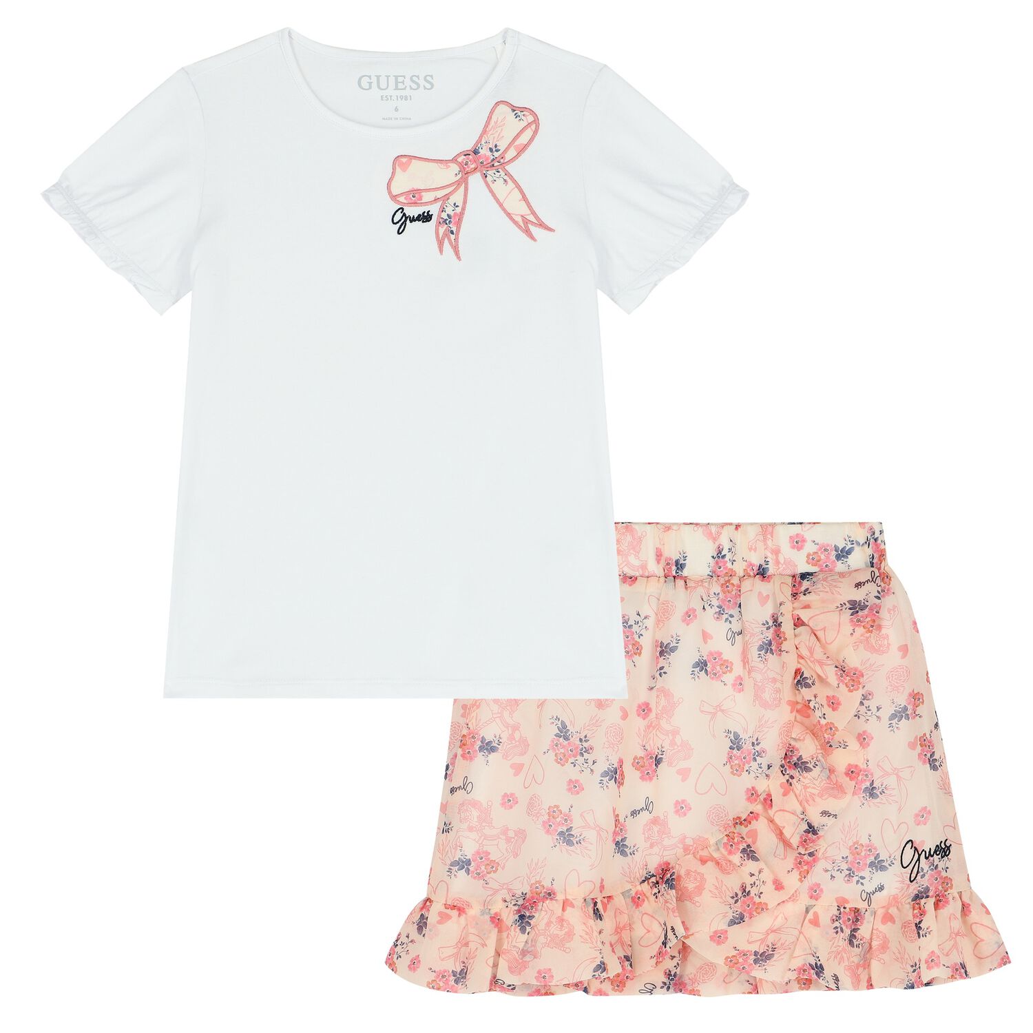 Girls White & Pink Floral Skirt Set, 1, hi-res