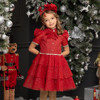 Girls Red Glittery Tulle Dress