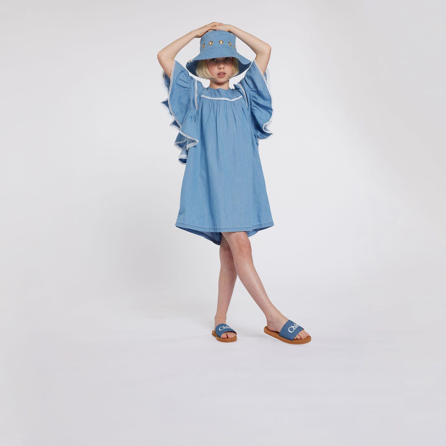 Girls Denim Blue Ruffled Dress, 1, hi-res