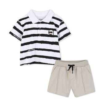 Boys White & Beige Logo Shorts Set