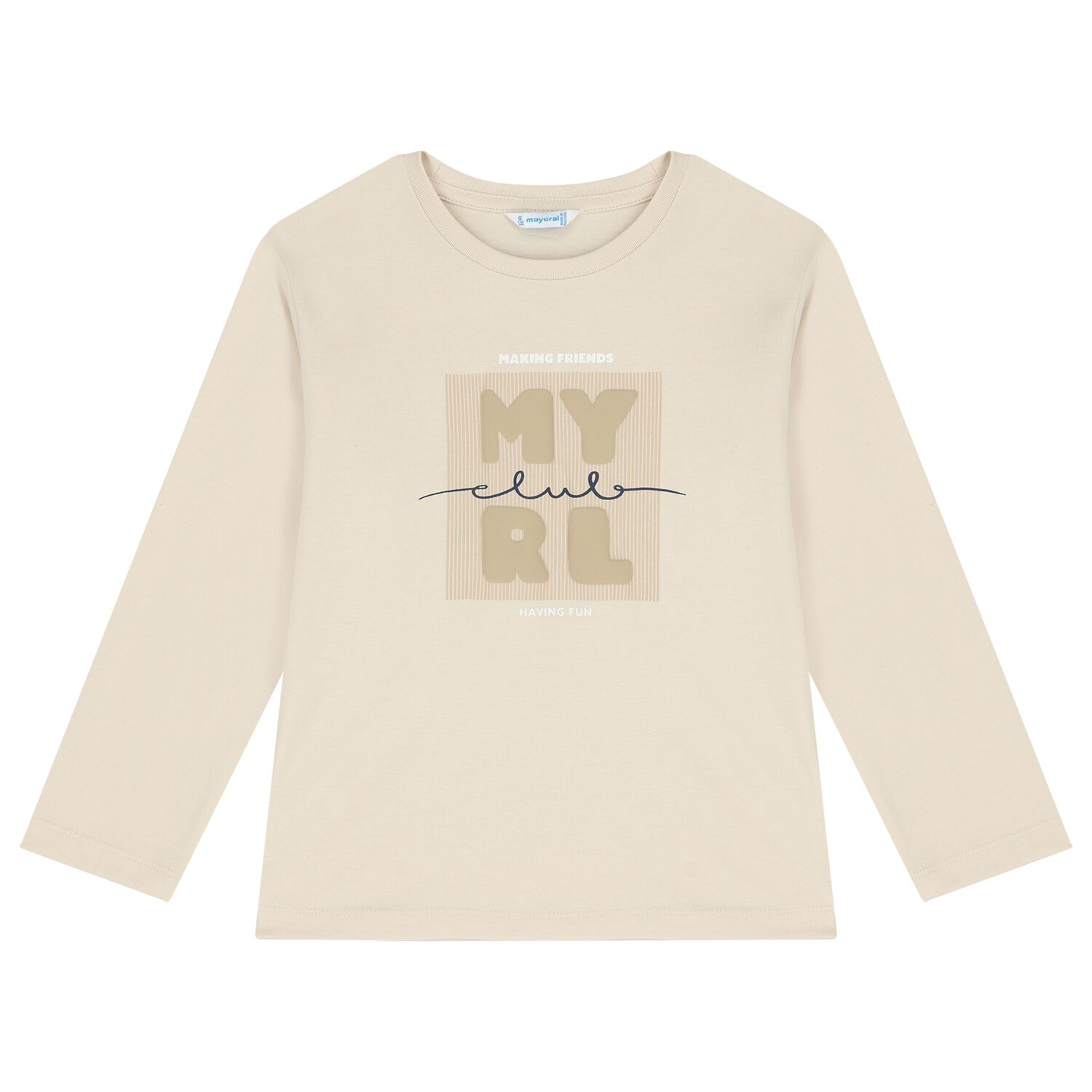 Boys Beige Logo Long Sleeve Top, 1, hi-res