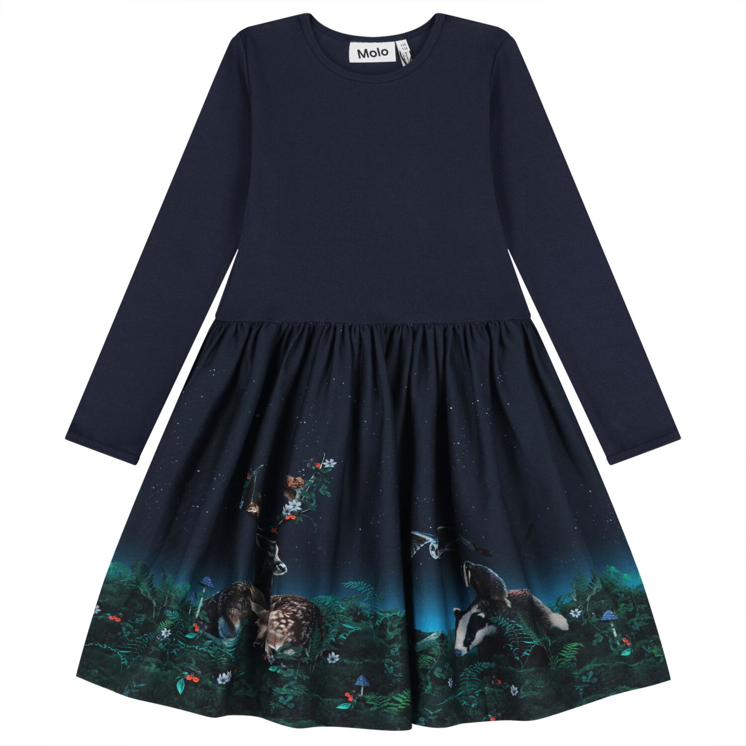 Girls Navy Blue Night Forest Dress, 2, hi-res