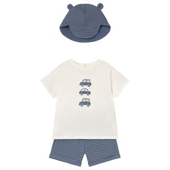 Younger Boys White & Blue Cotton Car Shorts Set