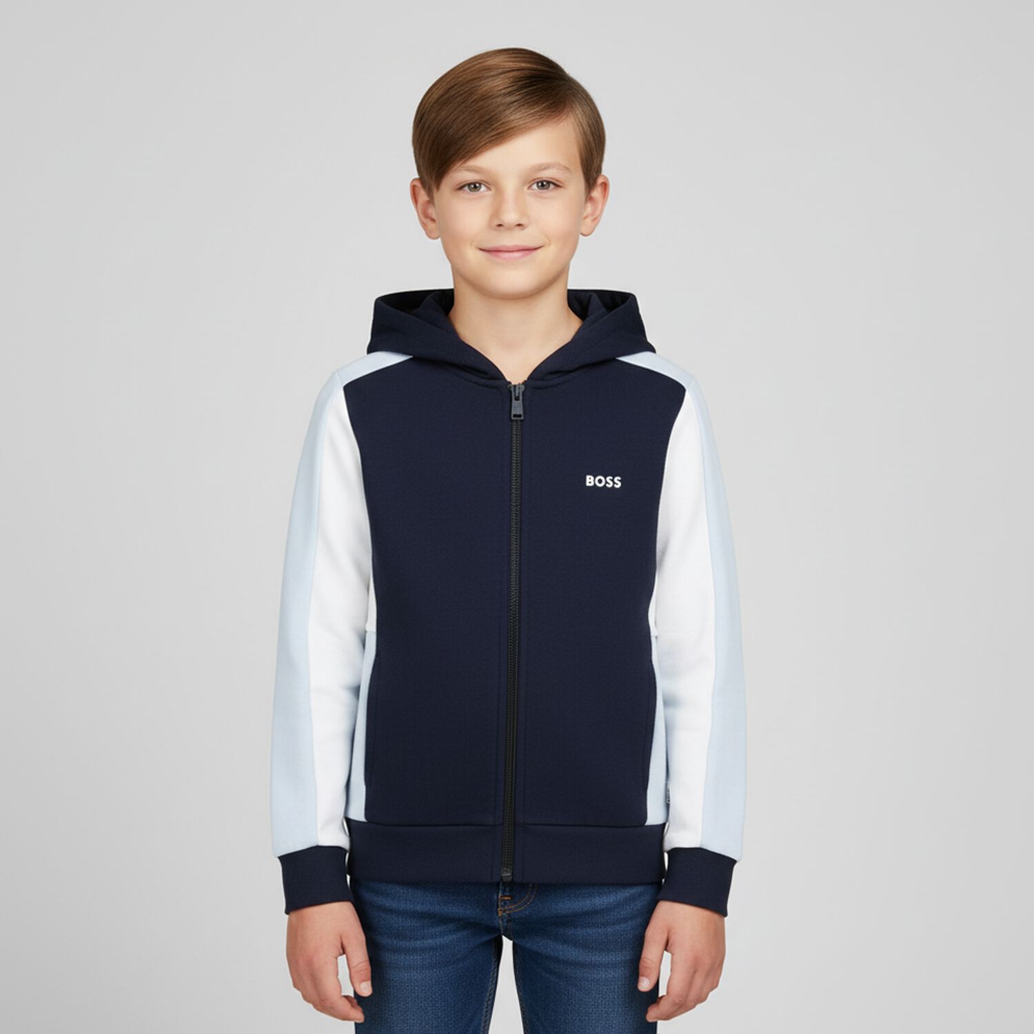 Boys Navy Blue, Blue & White Logo Hooder me d Zip Up Top, 4, hi-res