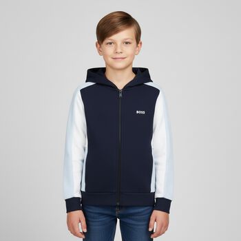 Boys Navy Blue, Blue & White Logo Hooded Zip Up Top