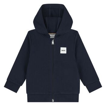 Younger Boys Navy Blue Logo Hooded Zip Up Top