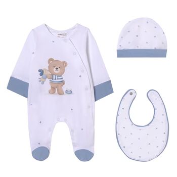 Baby Boys White & Blue Teddy Bear Babygrow Gift Set