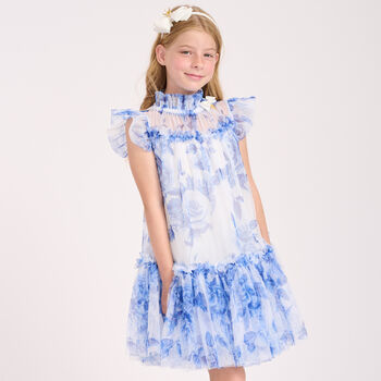 Girls White & Blue Floral Tulle Dress