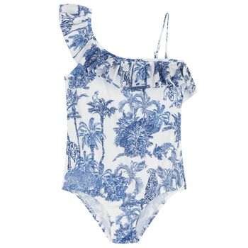 Girls White & Blue Palm Tree Swimsuit