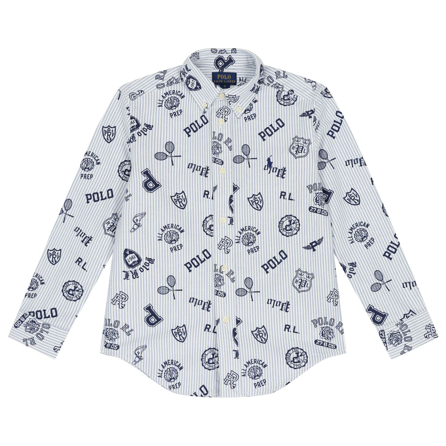 Boys Blue & White Striped Logo Shirt, 1, hi-res image number null