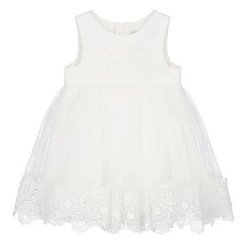 Younger Girls White Embroidered Tulle Dress
