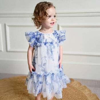 Baby Girls White & Blue Floral Tulle Dress