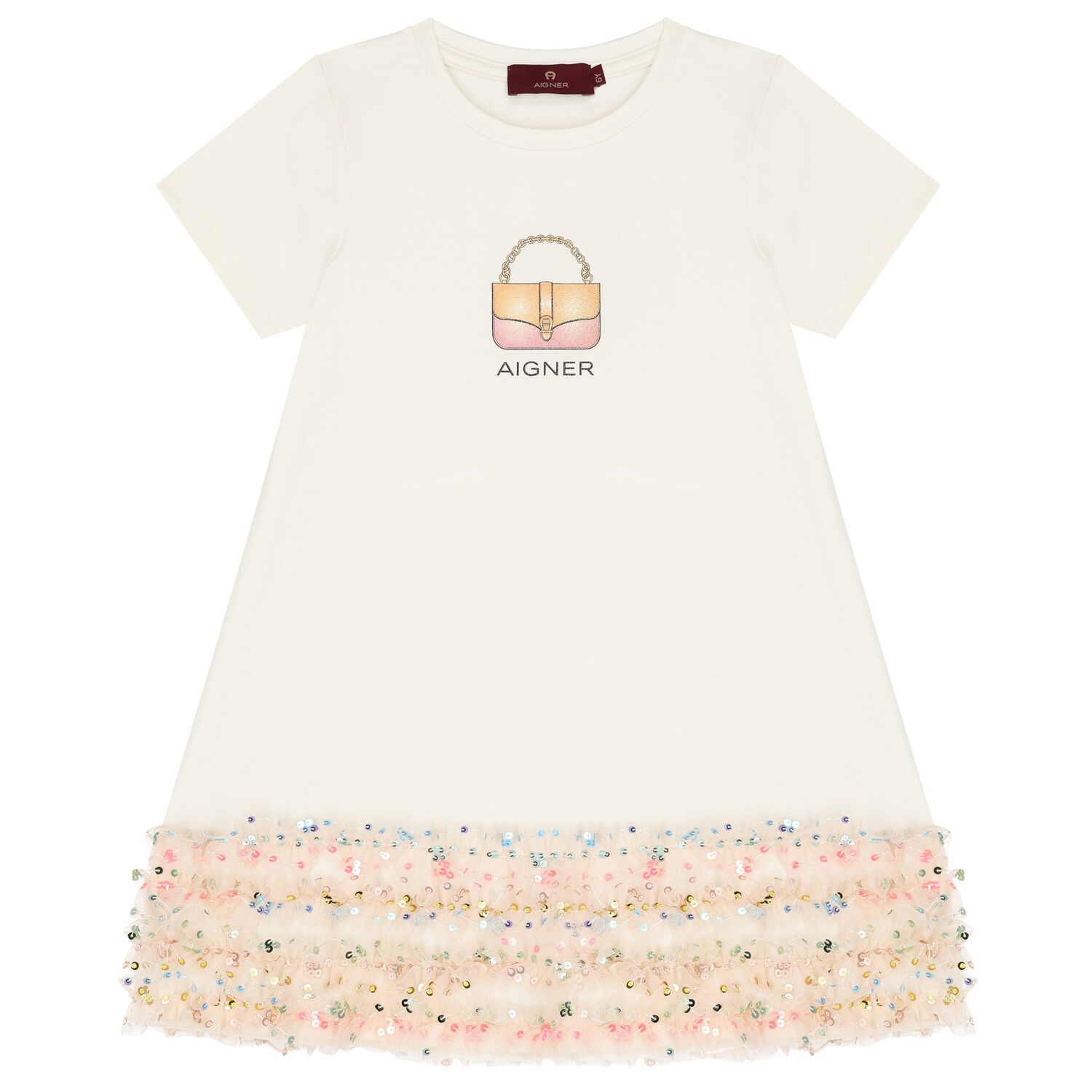 فستان بنات مزين بالترتر بطبعة حقيبة باللون العاجي, 1, hi-res