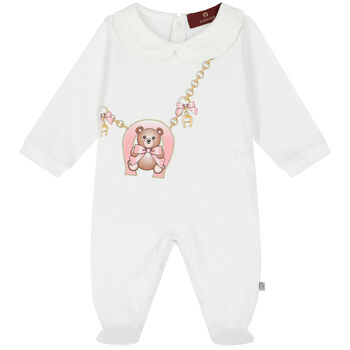 Baby Girls White Teddy Bear Logo Babygrow