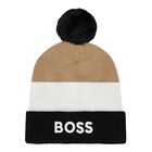 Younger Boys Black, White & Beige Logo Knitted Hat, 1, hi-res