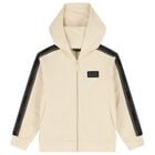 Boys Beige & Black Logo Hooded Zip Up Top , 1, hi-res