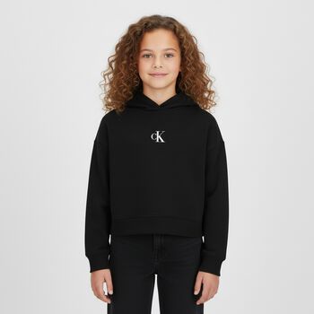Girls Black Logo Hooded Top