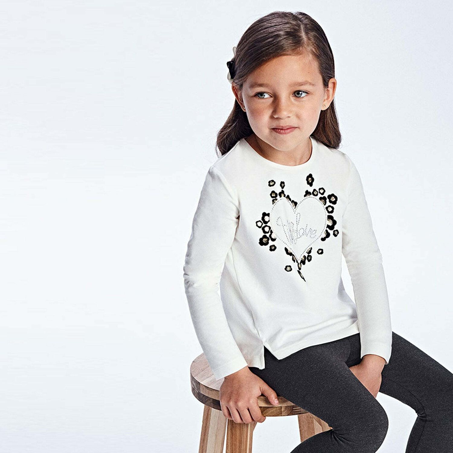 Girls Ivory Heart Long Sleeve Top, 1, hi-res image number null