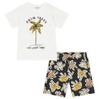Boys White & Black Palm Tree Shorts Set, 1, hi-res