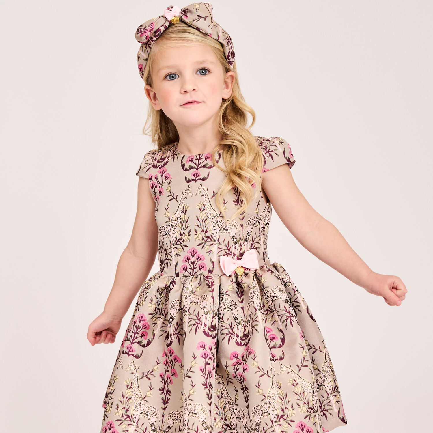 Girls Beige Jacquard Dress, 1, hi-res image number null