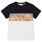 Boys Navy Blue, White & Beige Geo Map T-Shirt, 1, hi-res
