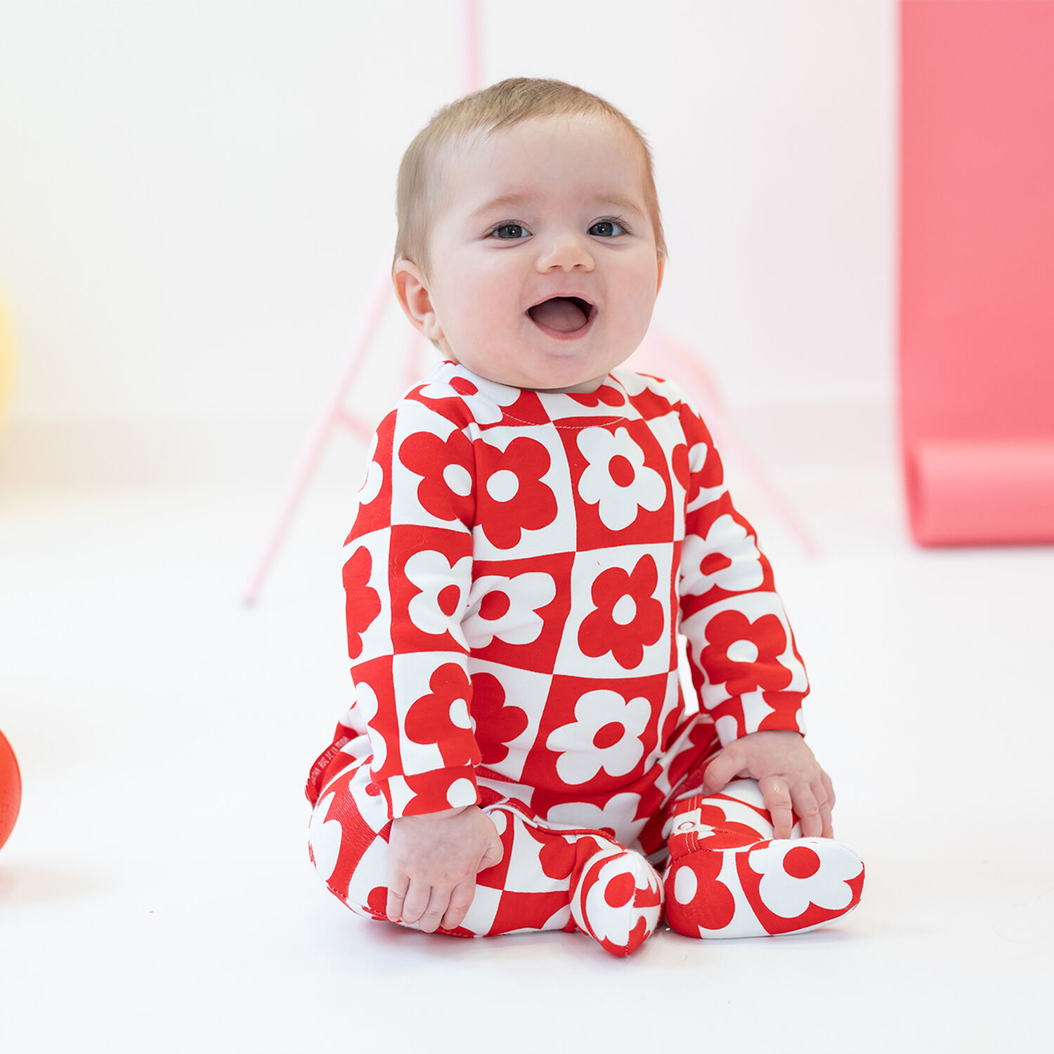 Baby Girls Red & White Floral Babygrow, 1, hi-res