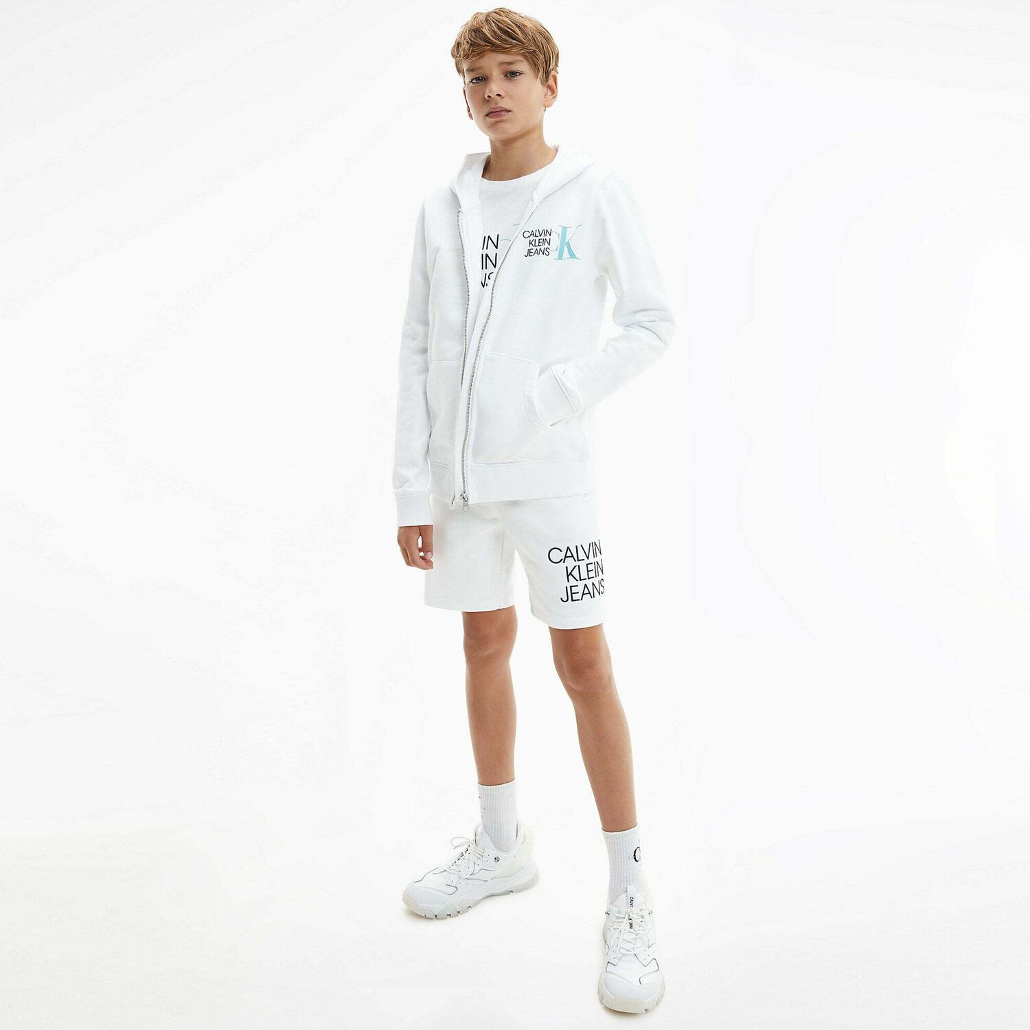 Boys White Logo Zip Up Hooded Top, 1, hi-res