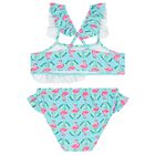 Girls Aqua Flamingo Print Bikini, 1, hi-res