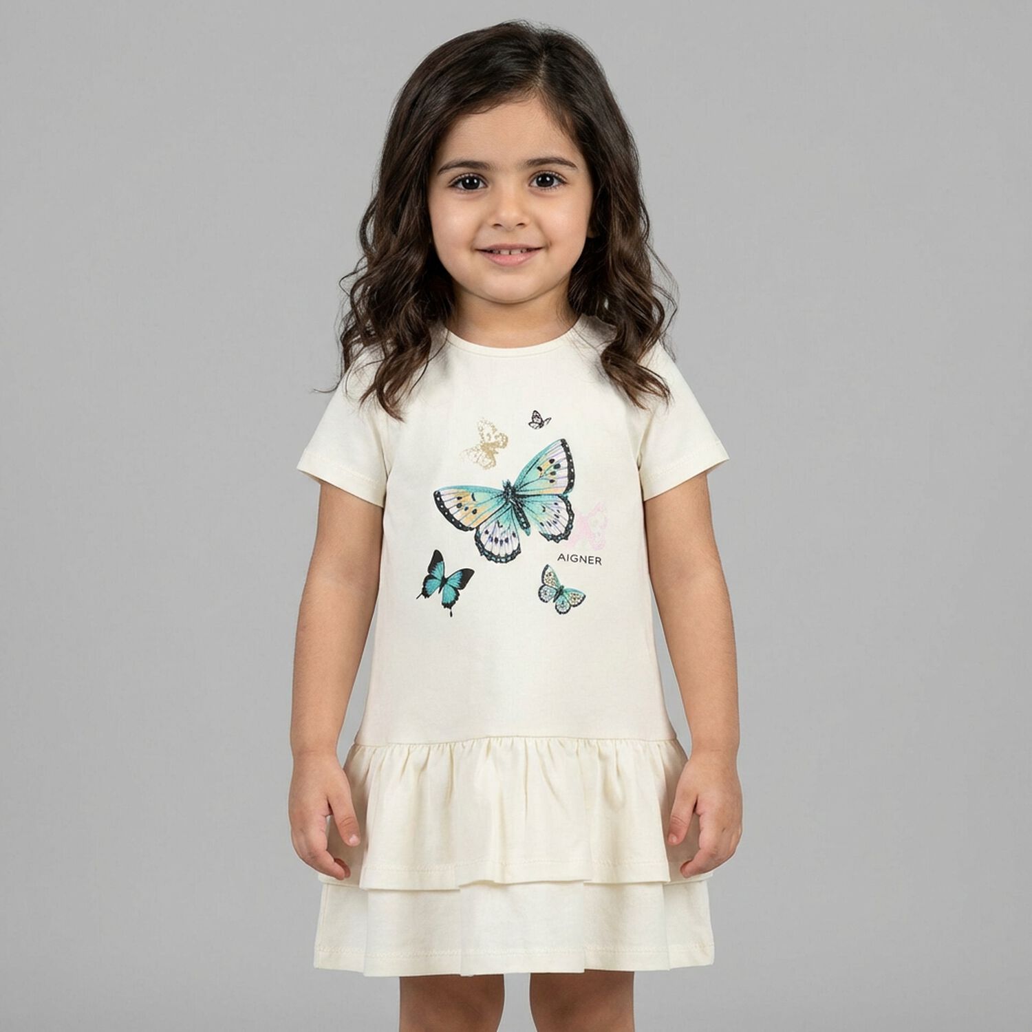 Younger Girls Ivory Butterflies Logo Dress, 1, hi-res