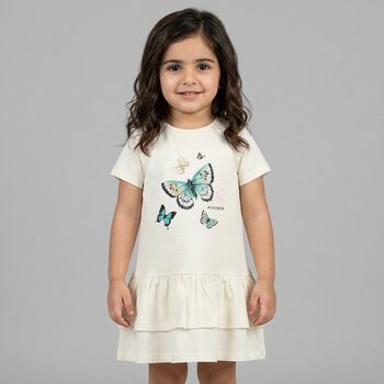 Younger Girls Ivory Butterflies Logo Dress