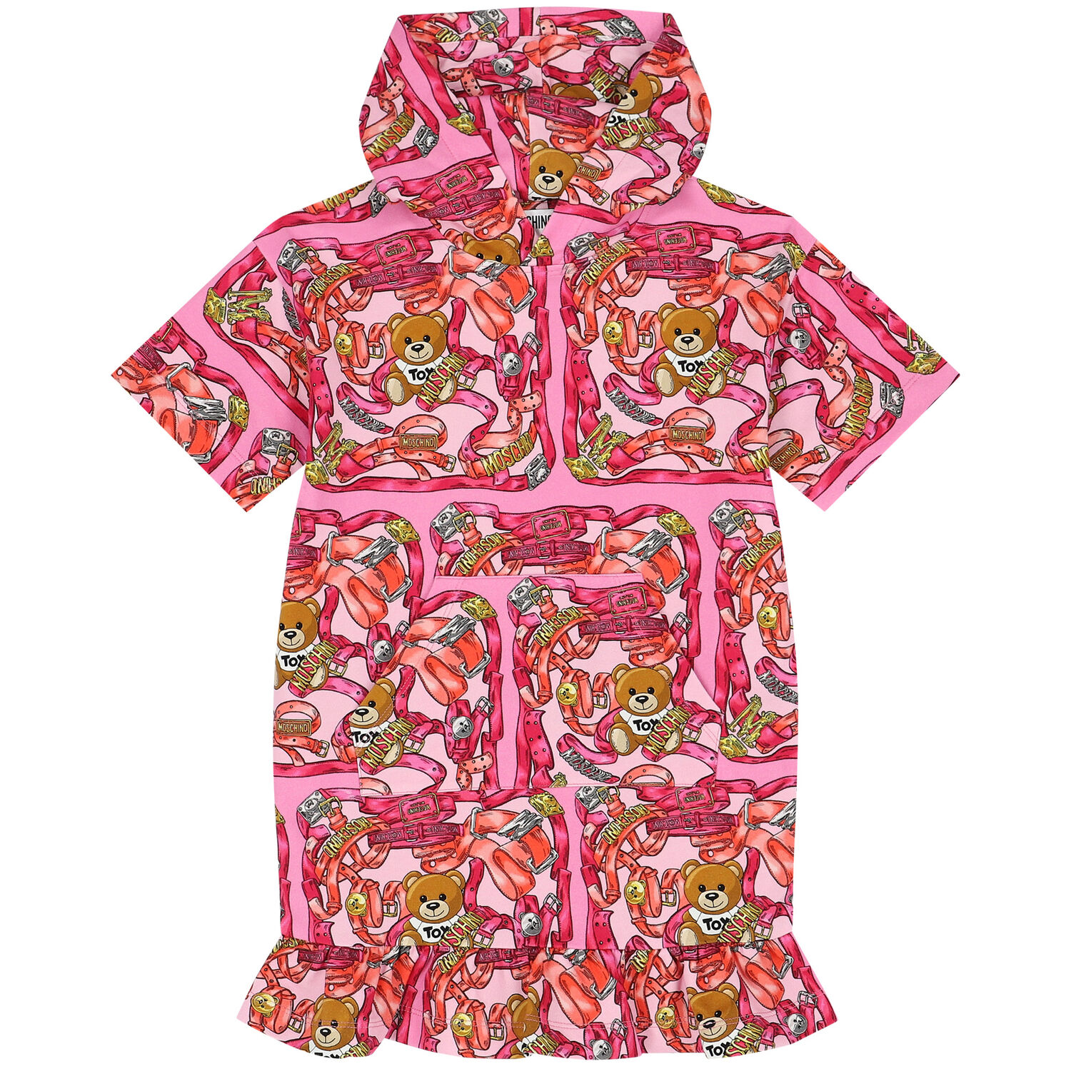Girls Pink Teddy Bear Logo Hooded Dress, 1, hi-res