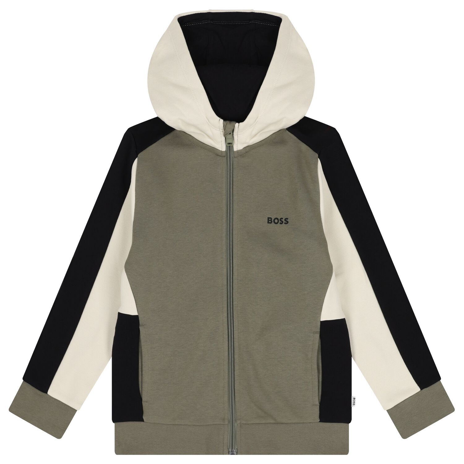 Boys Green, Black & Ivory Logo Hooded Zip Up Top, 3, hi-res