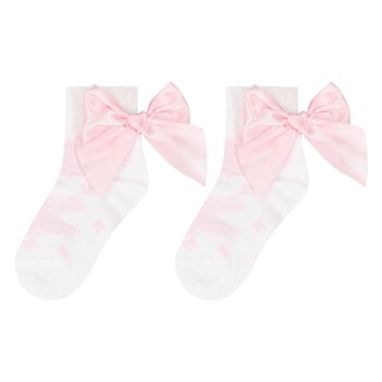 Girls White & Pink Floral Print Ankle Socks
