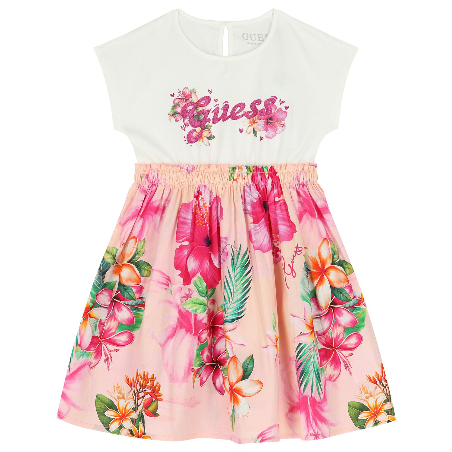 Girls Ivory & Pink Logo Floral Dress, 1, hi-res