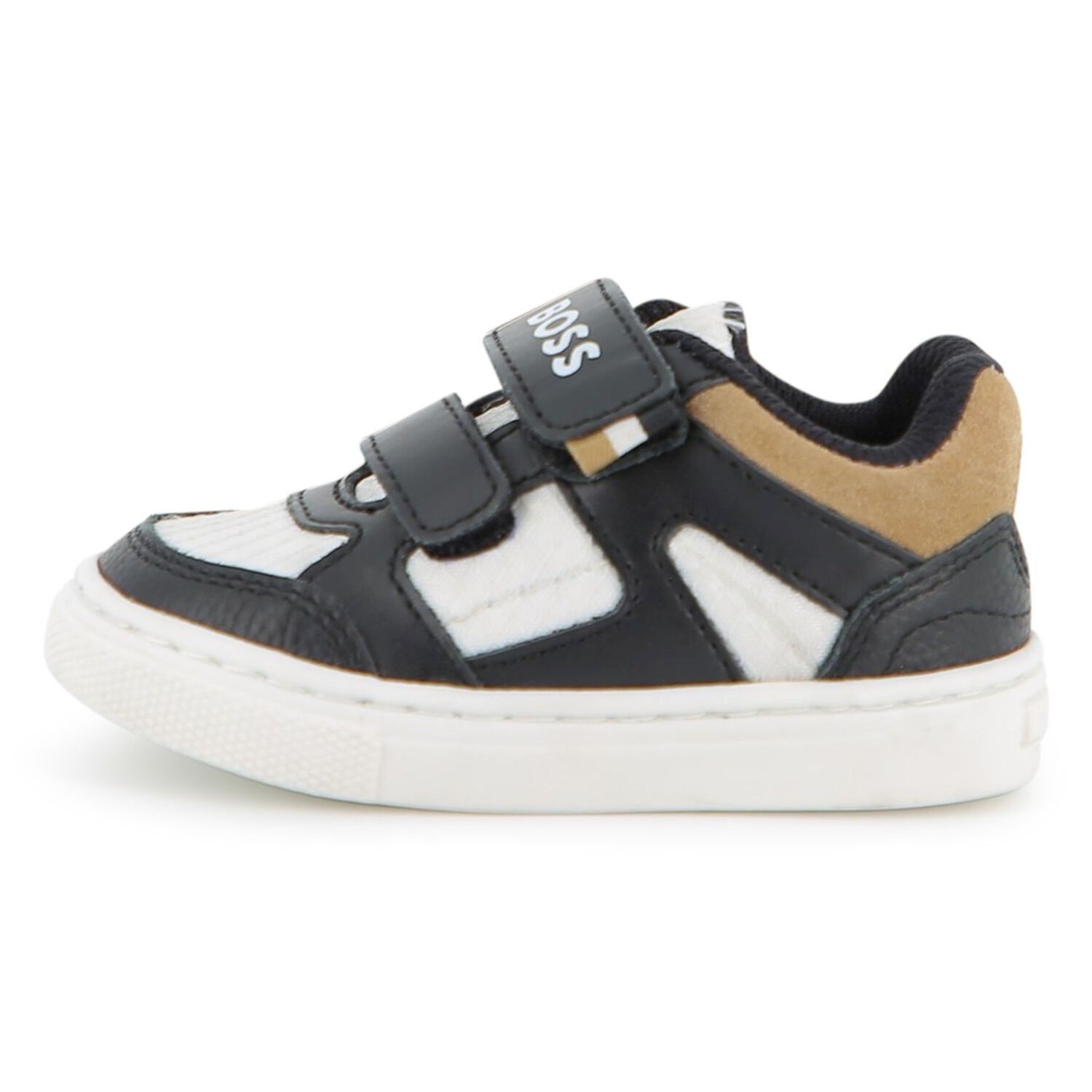 Boys Black, White & Beige Logo Trainers, 1, hi-res