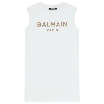 Girls White & Gold Logo Dress