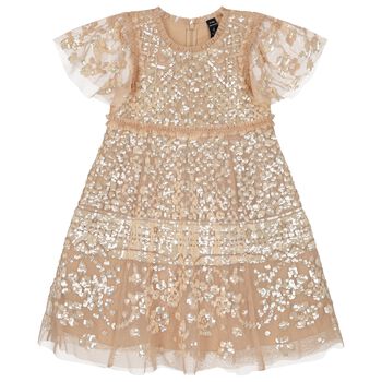 Girls Beige Sequin & Tulle Dress