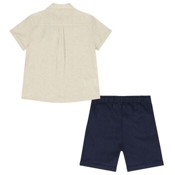 Boys Beige & Navy Blue Striped Shorts Set