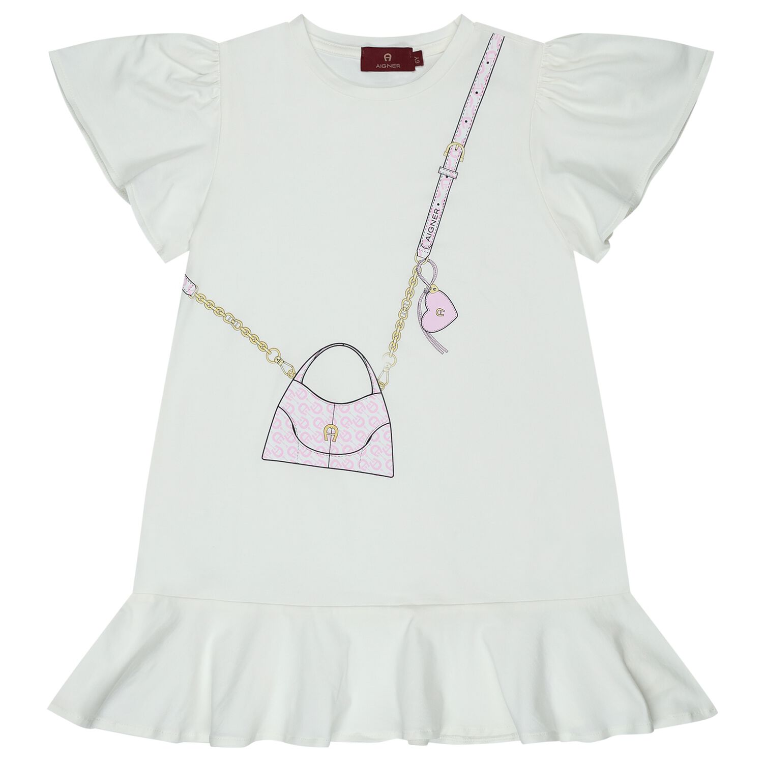 Girls Ivory & Pink Bag Logo Dress, 1, hi-res