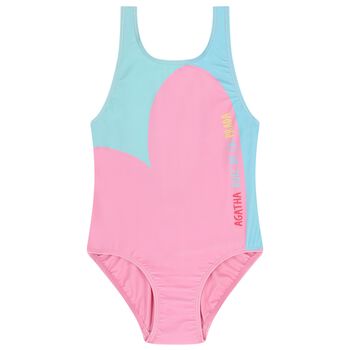 Girls Pink & Aqua Heart Logo Swimsuit