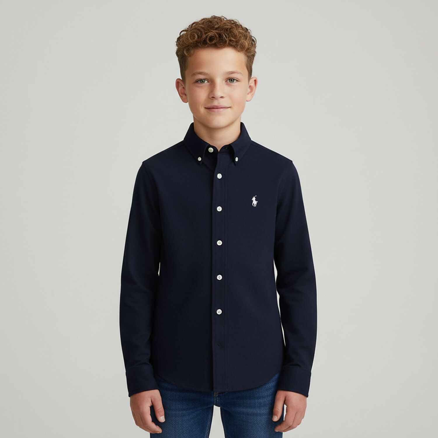 Boys Navy Blue Logo Shirt, 1, hi-res
